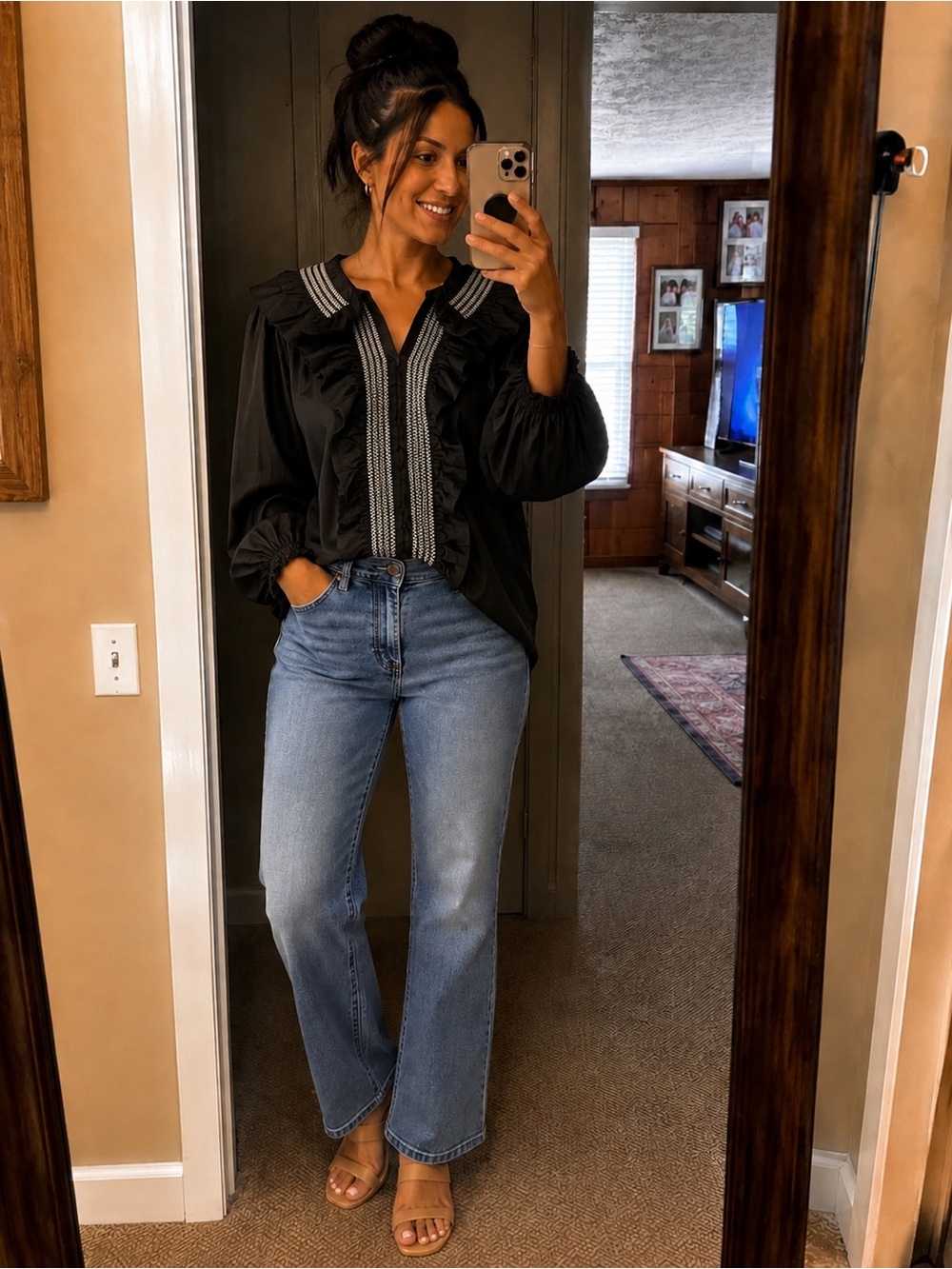 Women’s Black Ruffle-Trim Peasant Blouse